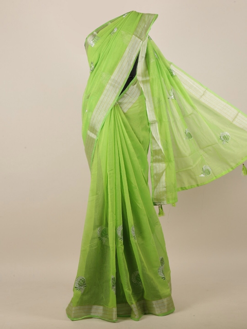 

Pothys Women Green & Silver-Toned Cotton Blend Ethnic Motifs Embroidered Saree