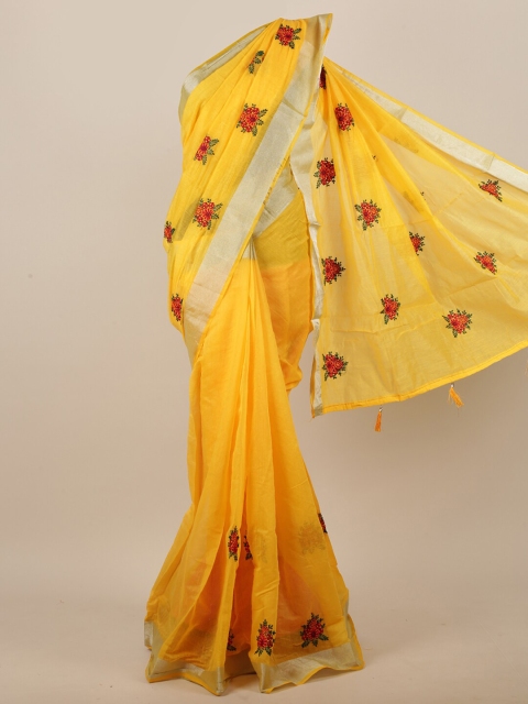 

Pothys Women Yellow & Silver-Toned Cotton Blend Floral Embroidered Saree