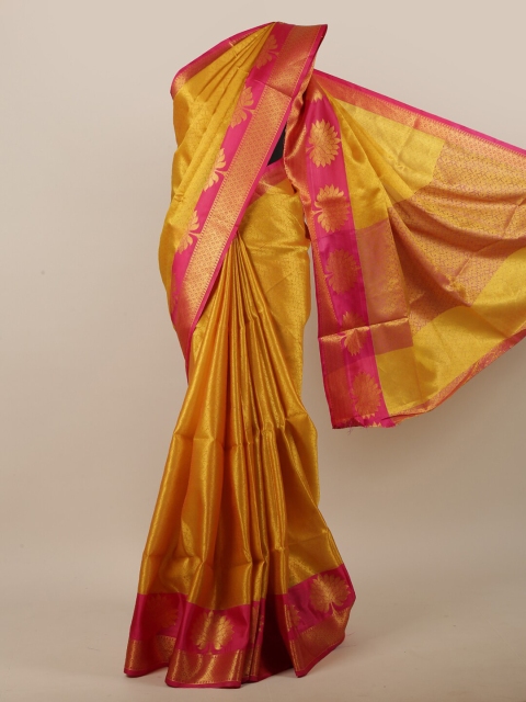 

Pothys Women Mustard & Pink Ethnic Motifs Woven Designed Saree