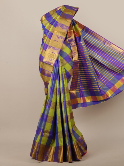 

Pothys Women Blue & Green Jute Silk Checked Saree