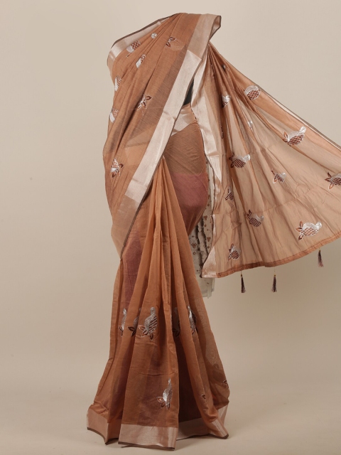 

Pothys Brown & Silver-Toned Cotton Blend Floral Embroidered Saree