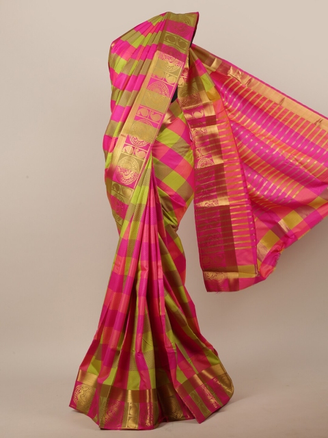 

Pothys Women Pink & Green Jute Silk Checked Saree