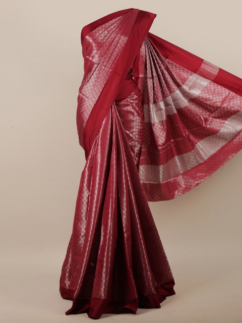 

Pothys Women Maroon & Silver-Toned Jute Silk Checked Saree