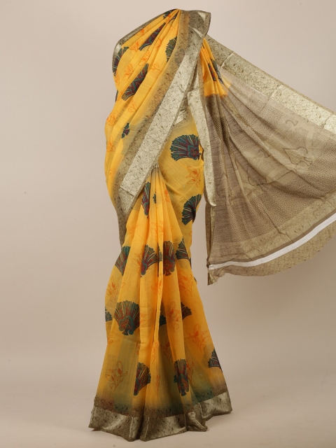 

Pothys Women Yellow & Brown Cotton Blend Ethnic Motifs Printed Saree