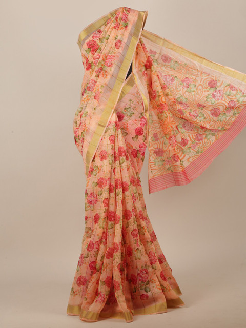 

Pothys Peach-Colored & Gold-Toned Cotton Blend Floral Printed Saree