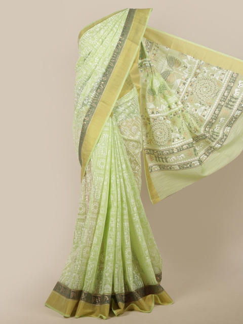 

Pothys Women Green & Gold-Toned Cotton Blend Warli Printed Saree
