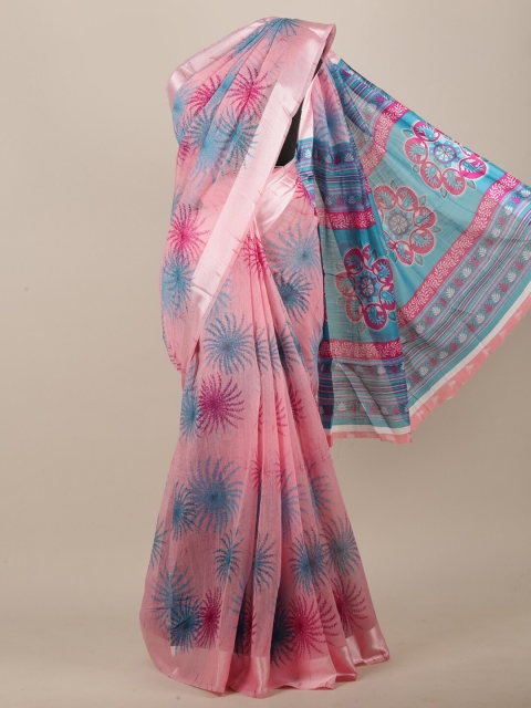 

Pothys Women Pink & Blue Cotton Blend Floral Printed Saree