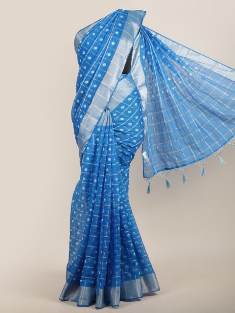 

Pothys Women Blue & Silver-Toned Jute Silk Tie-Dye Printed Saree