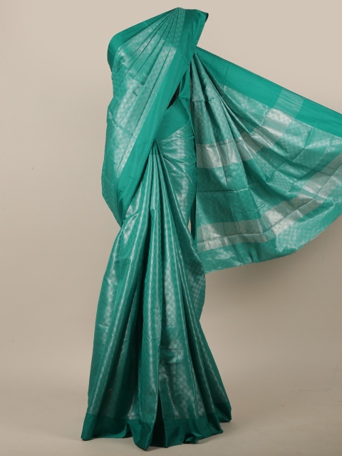 

Pothys Women Green & Silver-Toned Jute Silk Checked Saree