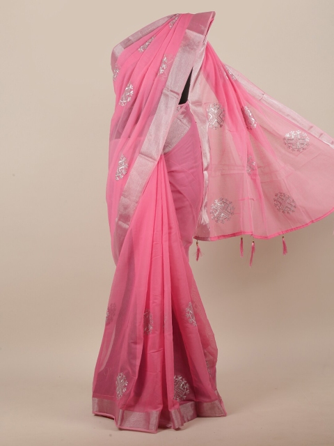 

Pothys Women Pink & Silver-Toned Cotton Blend Ethnic Motifs Embroidered Saree