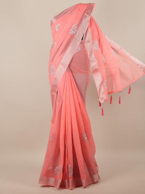 

Pothys Pink & Silver-Toned Cotton Blend Ethnic Motifs Embroidered Saree