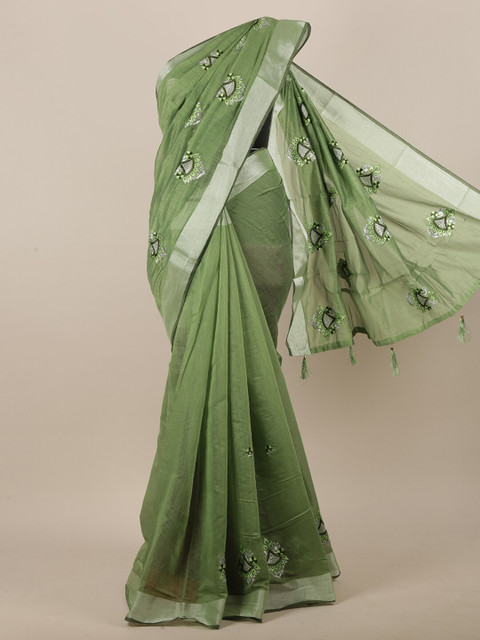 

Pothys Women Green & Silver-Toned Cotton Blend Ethnic Motifs Embroidered Saree