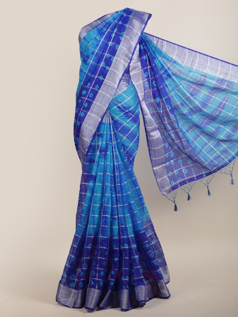 

Pothys Women Blue & Silver-Tone Checked & Printed Saree