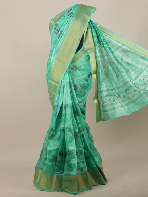 

Pothys Green & Gold-Toned Cotton Blend Floral Printed Saree