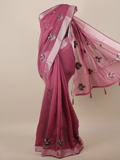 

Pothys Women Pink & Silver-Toned Cotton Blend Ethnic Motifs Embroidered Saree