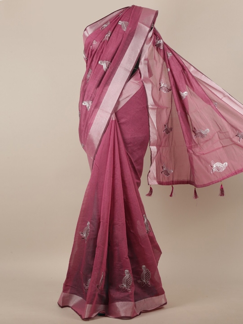 

Pothys Women Pink & Silver-Toned Cotton Blend Ethnic Motifs Embroidered Saree