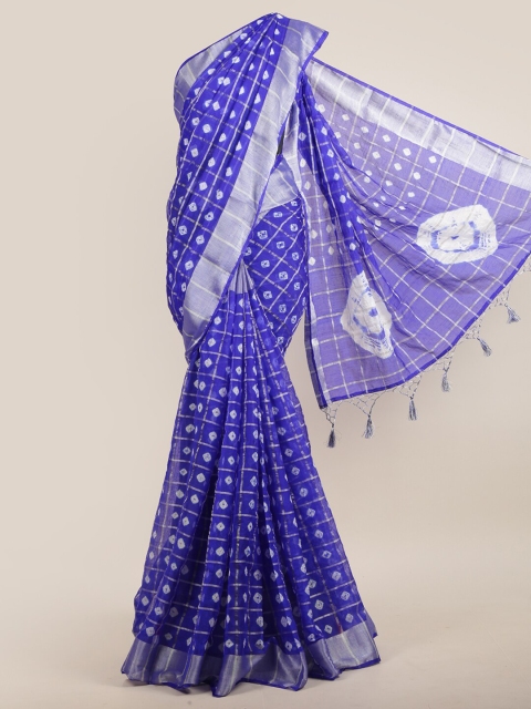 

Pothys Women Blue & Silver-Toned Jute Silk Checked & Tie-Dye Printed Saree