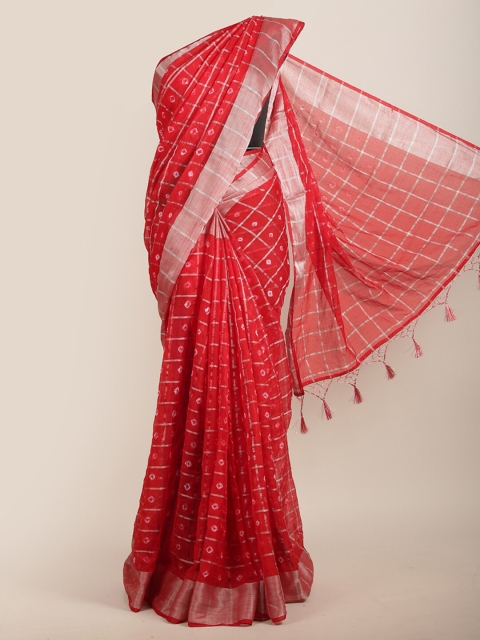 

Pothys Women Red & Silver-Toned Jute Silk Checked & Tie-Dye Printed Saree