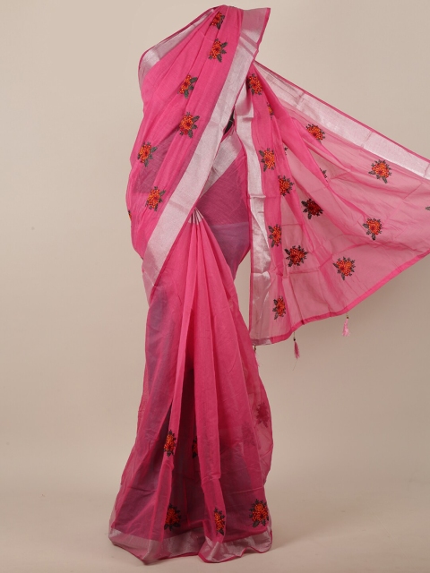 

Pothys Women Pink & Silver-Toned Cotton Blend Floral Embroidered Saree