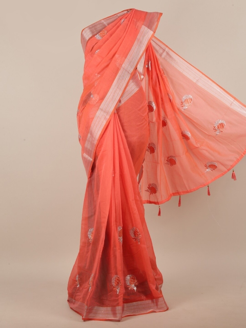 

Pothys Orange & Silver-Toned Cotton Blend Ethnic Motifs Embroidered Saree