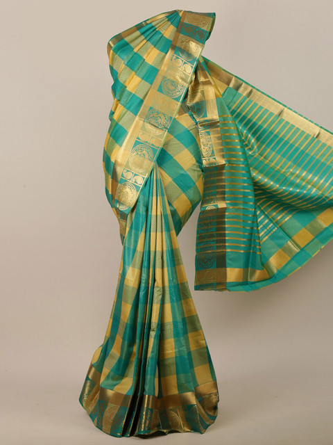 

Pothys Women Green & Yellow Jute Silk Checked Saree