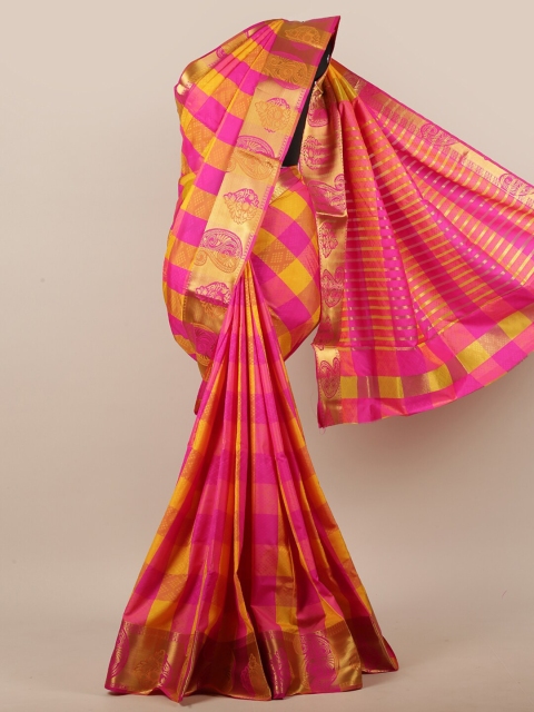 

Pothys Women Pink & Yellow Jute Silk Checked Saree
