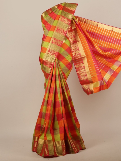 

Pothys Women Orange & Green Jute Silk Checked Saree