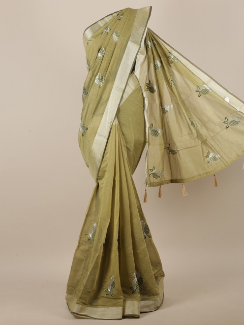 

Pothys Green & Silver-Toned Cotton Blend Ethnic Motifs Embroidered Saree