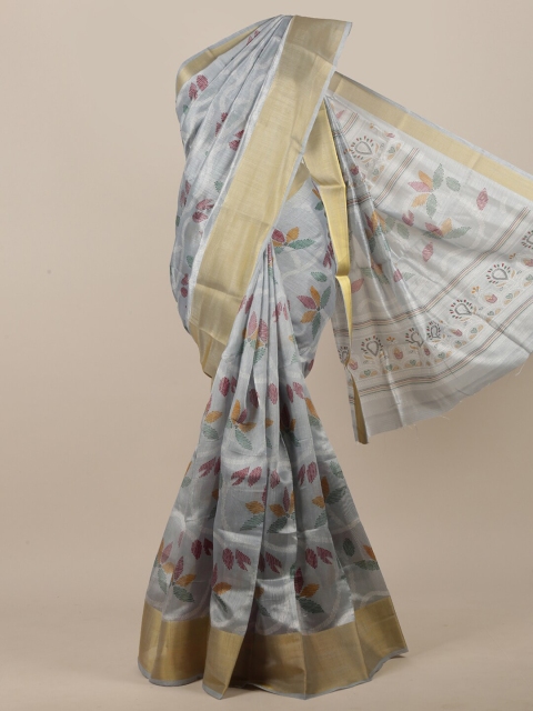

Pothys Grey & Gold Toned Cotton Blend Floral Printed Saree