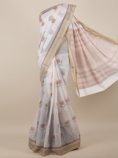 

Pothys White & Gold-Toned Cotton Blend Floral Printed Saree