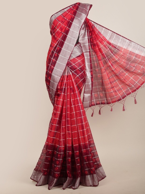 

Pothys Pink & Silver-Tone Checked & Printed Saree