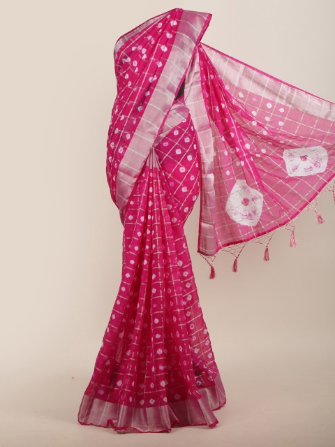 

Pothys Women Magenta & Silver-Toned Jute Silk Checked & Tie-Dye Printed Saree