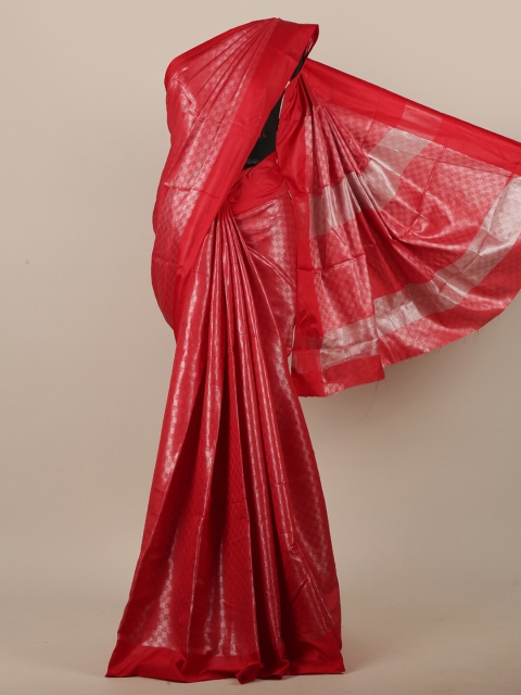 

Pothys Red & Silver-Toned Jute Silk Checked Saree