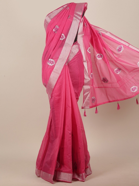 

Pothys Pink & Silver-Toned Cotton Blend Ethnic Motifs Embroidered Saree