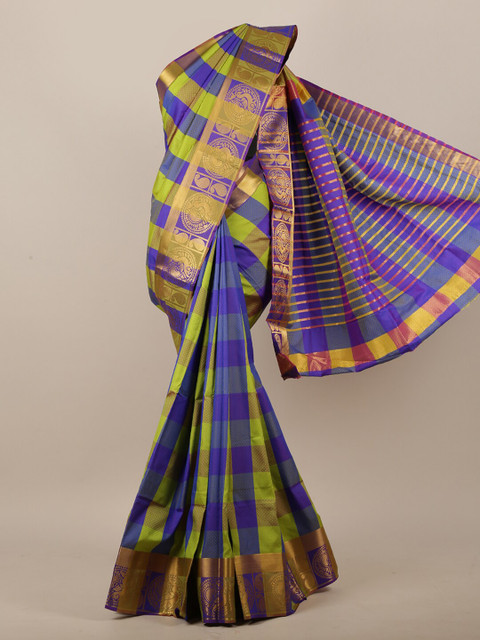 

Pothys Women Blue & Green Jute Silk Checked Saree