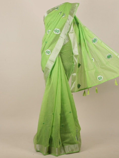 

Pothys Women Green & Silver-Toned Cotton Blend Ethnic Motifs Embroidered Saree