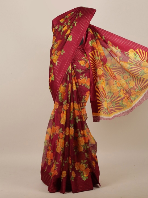 

Pothys Women Maroon & Orange Cotton Blend Floral Printed Saree