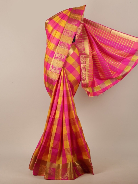 

Pothys Women Pink & Yellow Jute Silk Checked Saree, Fuchsia