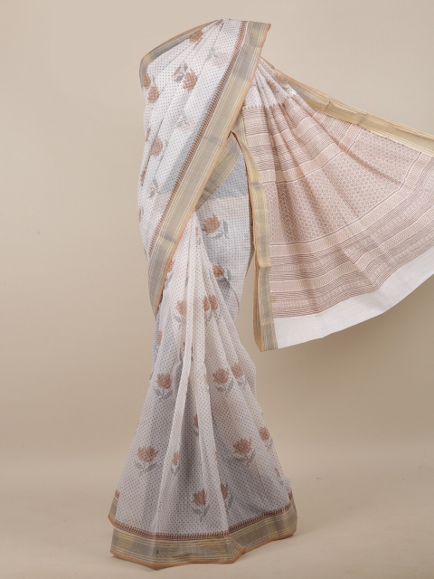 

Pothys White & Gold-Toned Cotton Blend Floral Printed Saree