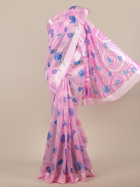 

Pothys Pink & Blue Cotton Blend Floral Printed Saree