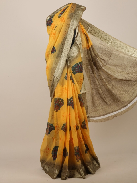 

Pothys Yellow & Brown Cotton Blend Ethnic Motifs Printed Saree