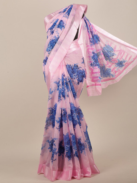 

Pothys Women Pink & Blue Cotton Blend Floral Printed Saree