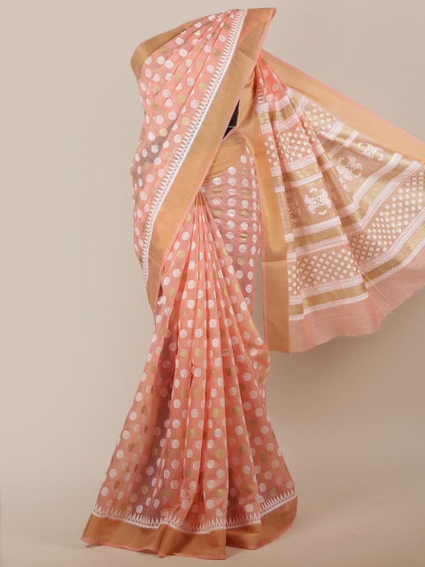 

Pothys Women Peach-Coloured & White Cotton Blend Polka Dots Printed Saree