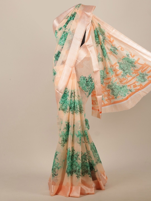

Pothys Women Peach-Coloured & Green Cotton Blend Floral Printed Saree