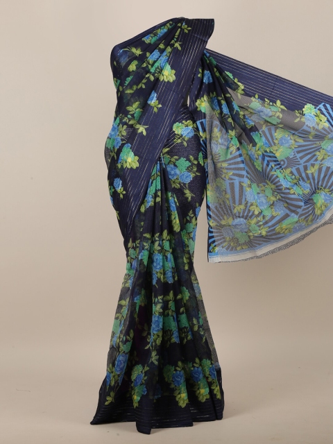 

Pothys Navy Blue & Green Cotton Blend Floral Printed Saree