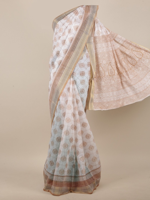

Pothys Women White & Gold Toned Cotton Blend Ethnic Motifs Printed Saree