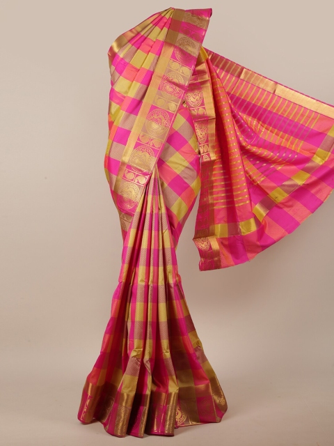 

Pothys Women Pink & Gold-Toned Jute Silk Checked Saree