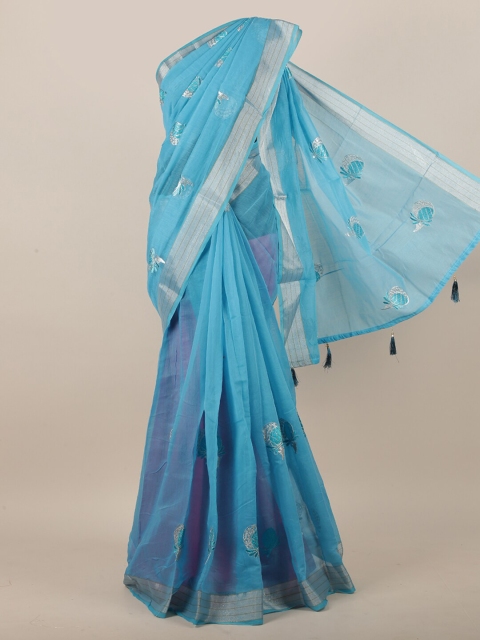 

Pothys Women Blue & Silver-Toned Cotton Blend Ethnic Motifs Embroidered Saree