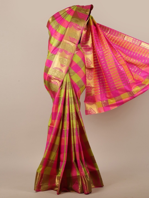 

Pothys Women Pink & Green Jute Silk Checked Saree