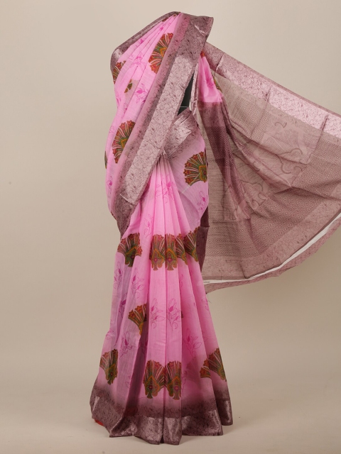 

Pothys Pink & Brown Cotton Blend Ethnic Motifs Printed Saree